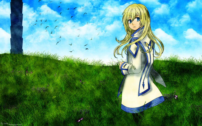 bird blue_eyes clouds colette_brunel long_hair sky solo tales_of_(series) tales_of_symphonia