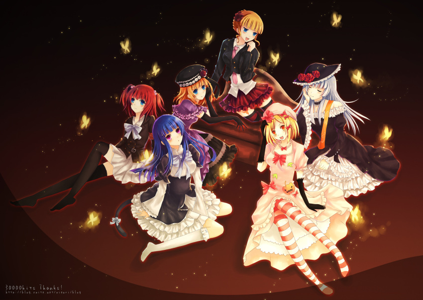 beatrice bernkastel blonde_hair blue_hair butterfly dress eva-beatrice eva_beatrice frederica_bernkastel hair_bobbles hair_ornament hat hime_cut hits lambdadelta long_hair multiple_girls red_hair short_hair striped striped_legwear thighhighs umineko_no_naku_koro_ni ushiromiya_ange very_long_hair vienri virgilia when_they_cry_3