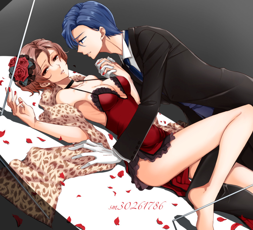 bare_shoulders barefoot blue_hair brown_eyes brown_hair choker dress flower formal frilled_dress frills fur_scarf hair_flower hair_ornament hetero holding_hands kaito_(vocaloid) looking_to_the_side lying_on_person meiko parted_lips petals rose short_hair sleeveless sorano_namida suit vocaloid