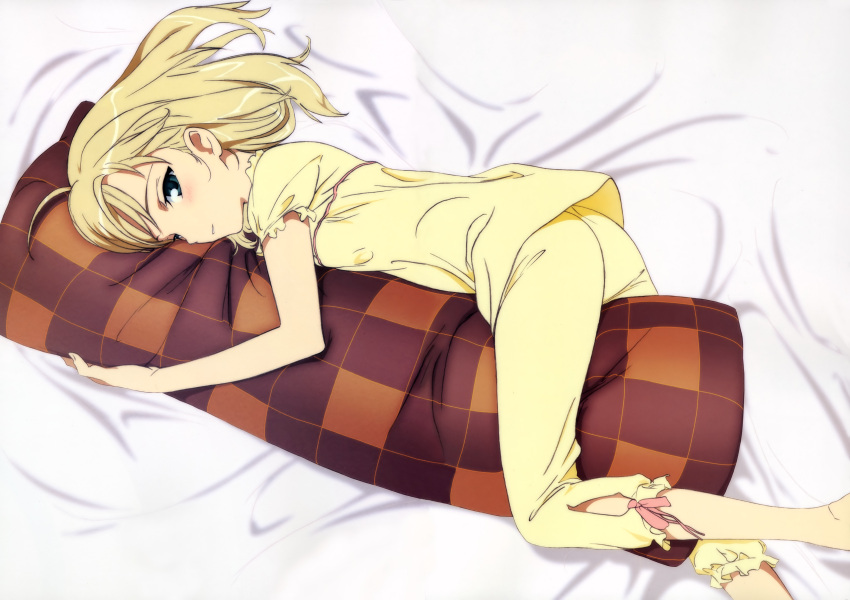 absurdres ahoge barefoot bed blonde_hair blush body_pillow checkered fate/stay_night fate_(series) green_eyes hair_down highres kuwana_ikuo on_bed pajamas pillow pillow_hug saber scan solo