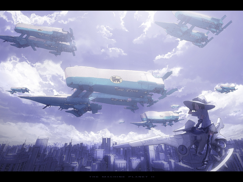 1girl brown_hair city cityscape cloud dirigible hat highres hover_bike letterboxed masariro mecha riding scenery science_fiction short_hair skirt sky skyline solo space_craft the_machine_planet witch_hat yamaha yamato_transport