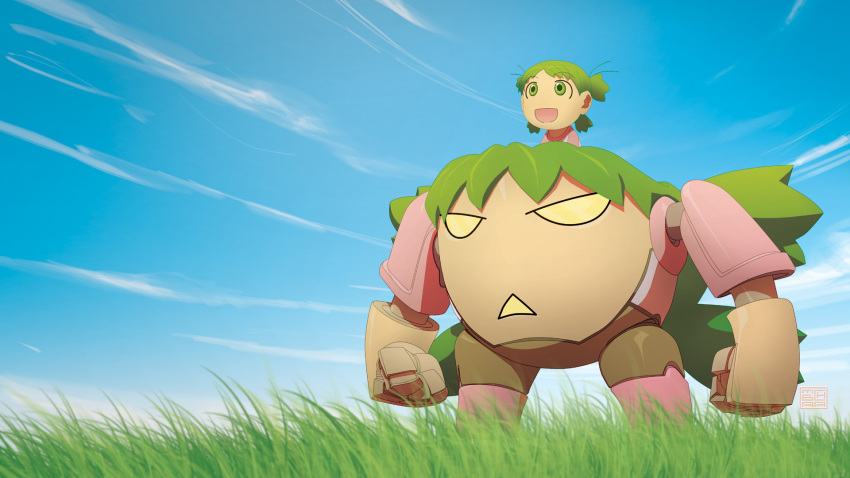 :&lt; green_hair highres jeffrey_cruz koiwai_yotsuba lagann mecha parody sky tengen_toppa_gurren_lagann yotsubato!