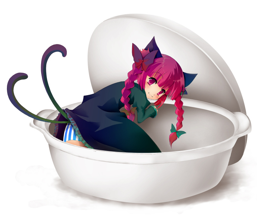 animal_ears braid casual cat_ears cat_tail cup dress hair_ribbon highres in_container in_cup kaenbyou_rin long_hair minigirl multiple_tails nabe noi panties pantyshot red_eyes red_hair ribbon solo striped striped_panties tail touhou twin_braids twintails underwear