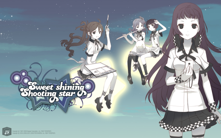 ahoge apron art_brush bangs black_vs_white blunt_bangs bob_cut bow braid cable checkered cloud digital_media_player dj_max_portable djmax flute h2so4 hair_bobbles hair_ornament headphones headphones_around_neck highres instrument loafers long_hair multiple_girls night paint paintbrush palette ribbon school_uniform sculpture seifuku shoes short_hair skirt sneakers socks star statue sweet_shining_shooting_star sweet_shining_shooting_star_(dj_max_portable) thighhighs wallpaper wristband