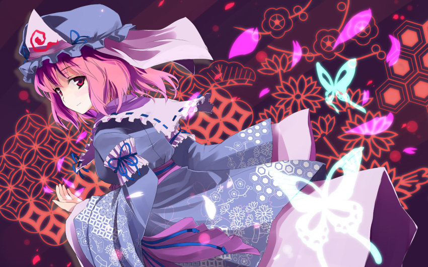 butterfly gochou_(comedia80) hat highres japanese_clothes looking_back petals pink_hair red_eyes reference_work saigyouji_yuyuko smile touhou wallpaper