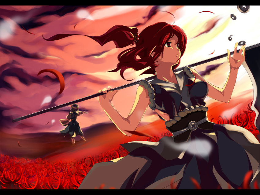 back backlighting black_eyes black_hair cloud cofepig dress dutch_angle flower from_behind hair_bobbles hair_ornament hat higanbana highres japanese_clothes letterboxed multiple_girls onozuka_komachi petals red red_hair ribbon rod_of_remorse scythe shikieiki_yamaxanadu short_hair side_ponytail skirt sky sleeveless spider_lily sunset touhou twintails wallpaper wind