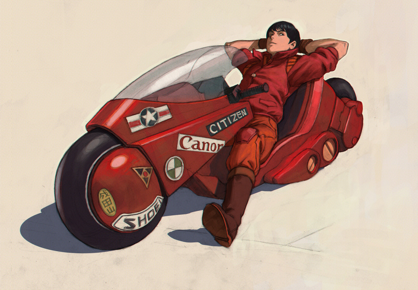 1boy akira arms_behind_head black_hair boots canon_(company) gloves ilya_kuvshinov jacket kaneda_shoutarou male motor_vehicle motorcycle shoei solo vehicle