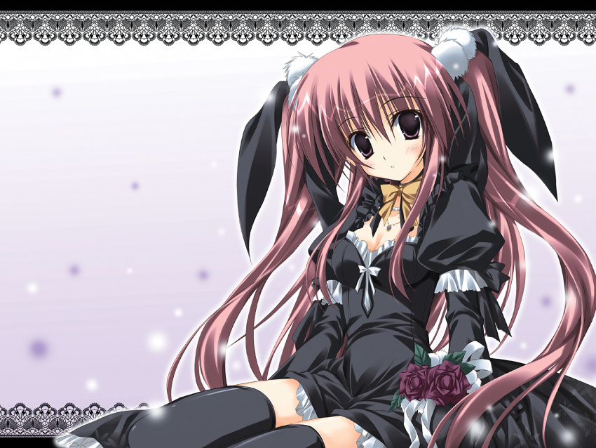 amano_hanei black_dress breasts cleavage dress gothic_lolita highres jewelry korie_riko necklace pink_eyes pink_hair sitting supreme_candy thigh-highs thighhighs twintails two_side_up