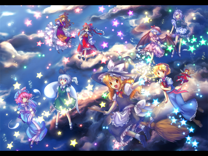 6+girls alice_margatroid apron bat_wings blonde_hair blue_hair book boots bow braid broom broom_riding brown_eyes brown_hair cloud crossed_arms detached_sleeves doll enone floating flying ghost gohei grimoire hair_bow hairband hakurei_reimu hat highres hitodama imperishable_night izayoi_sakuya japanese_clothes katana kirisame_marisa konpaku_youmu konpaku_youmu_(ghost) large_bow leg_garter letterboxed long_hair magic_circle maid mary_janes multiple_girls myon open_mouth orange_eyes pink_eyes pink_hair pocket_watch pointing red_eyes remilia_scarlet ribbon saigyouji_yuyuko shanghai shanghai_doll shoes short_hair side_braid silver_hair skirt sky smile socks star_(sky) starry_sky sword touhou twin_braids wallpaper watch weapon white_legwear wings witch_hat yakumo_yukari