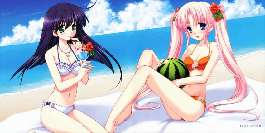 2girls amou_mari barefoot beach bikini blanket blue_eyes blue_hair blush bra breasts cleavage cloud cocktail flower food frills fruit green_eyes hair_flower hair_ornament highres jewelry lingerie long_hair multiple_girls necklace pink_hair sky swimsuit twintails underwear very_long_hair watermelon