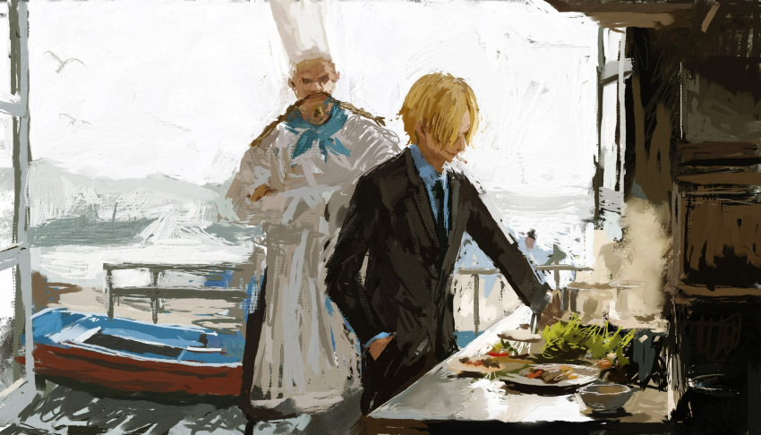 2boys apron beard black_jacket black_necktie blonde_hair boat braid braided_beard braided_mustache chef chef_hat cigarette cooking crossed_arms facial_hair father_and_son food fuyumurasaki goatee hair_over_one_eye hand_in_pocket hat highres jacket kitchen long_mustache male_focus multiple_boys mustache necktie old old_man one_piece painterly plate red-leg_zeff sanji_(one_piece) short_hair simple_bird sky smoke vegetable very_short_hair watercraft white_apron