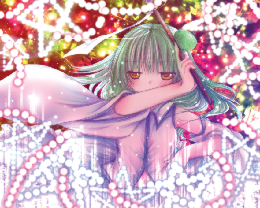 bad_id danmaku gohei green_hair hair_ornament highres japanese_clothes kasuga_sunao kochiya_sanae long_hair magic miko solo touhou yellow_eyes