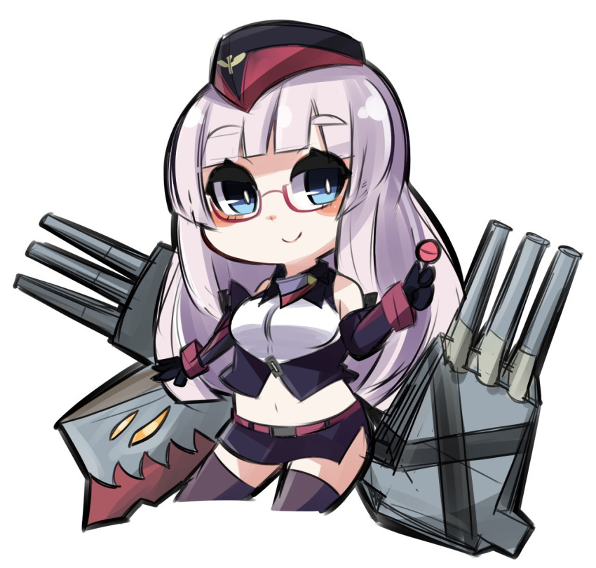1girl azur_lane bangs black_gloves blue_eyes breasts candy chibi commentary_request food glasses gloves gneisenau_(azur_lane) highres holding holding_candy holding_food lollipop long_hair looking_at_viewer oquri purple_hair red-framed_eyewear rigging simple_background smile solo thigh-highs