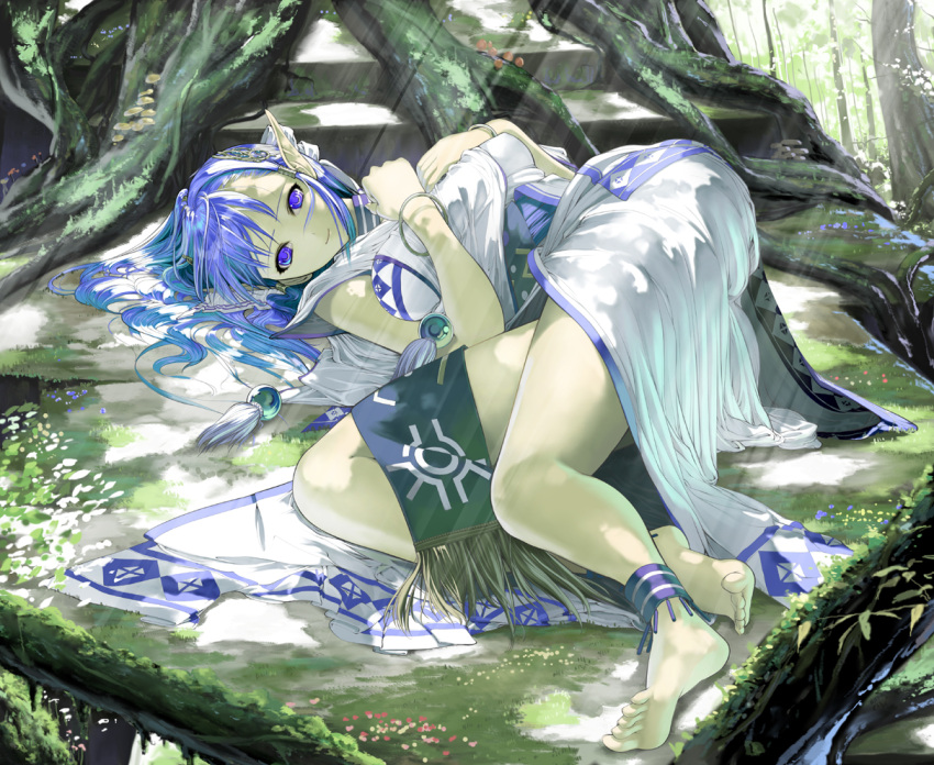 1girl anklet bad_feet barefoot blue_hair bracelet breasts elf falcom feet forest hair_ornament hairclip hands_on_own_chest jewelry large_breasts legs long_hair lying moss mushroom nakaba_reimei nature olha pointy_ears purple_eyes rehda roots smile soles solo sunbeam sunlight toes tree ys ys_vi