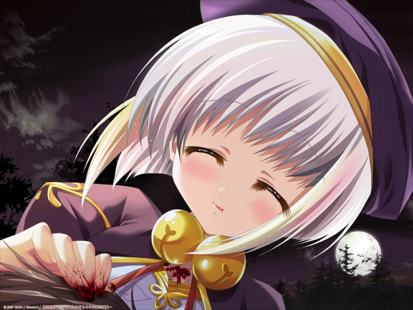 bats blood closed_eyes fangs forest full_moon highres koihime_musou koumei moon nature robingi shokatsuryou smile white_hair