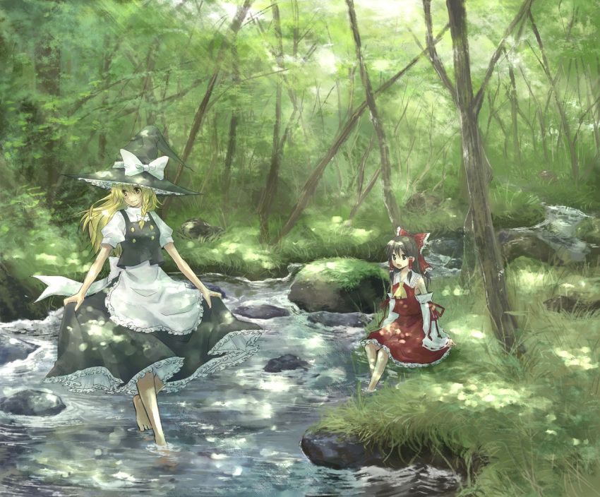 apron bad_id barefoot blonde_hair brown_eyes brown_hair feet_in_water forest hakurei_reimu hat japanese_clothes kirisame_marisa long_hair miko multiple_girls nature ribbon ribbons river soaking_feet touhou tree trees water witch witch_hat yellow_eyes yoita