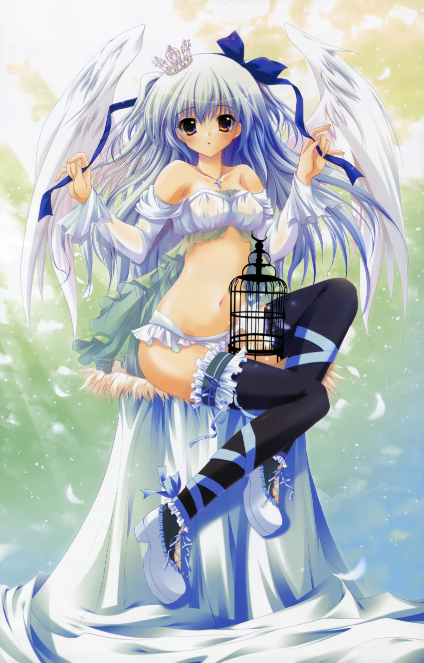 angel angel_wings ankle_lace-up bare_shoulders birdcage blue_hair blush bow cage cross cross-laced_footwear crown feathers garters hair_ribbon highres izumi_tsubasu jewelry midriff multicolored_eyes navel necklace open_mouth ribbon thigh-highs thighhighs wings yellow_eyes