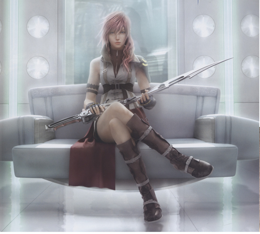 boots cape crossed_legs final_fantasy final_fantasy_xiii lightning_(ff13) lightning_farron official_art pink_hair scan sitting solo sword thighs weapon
