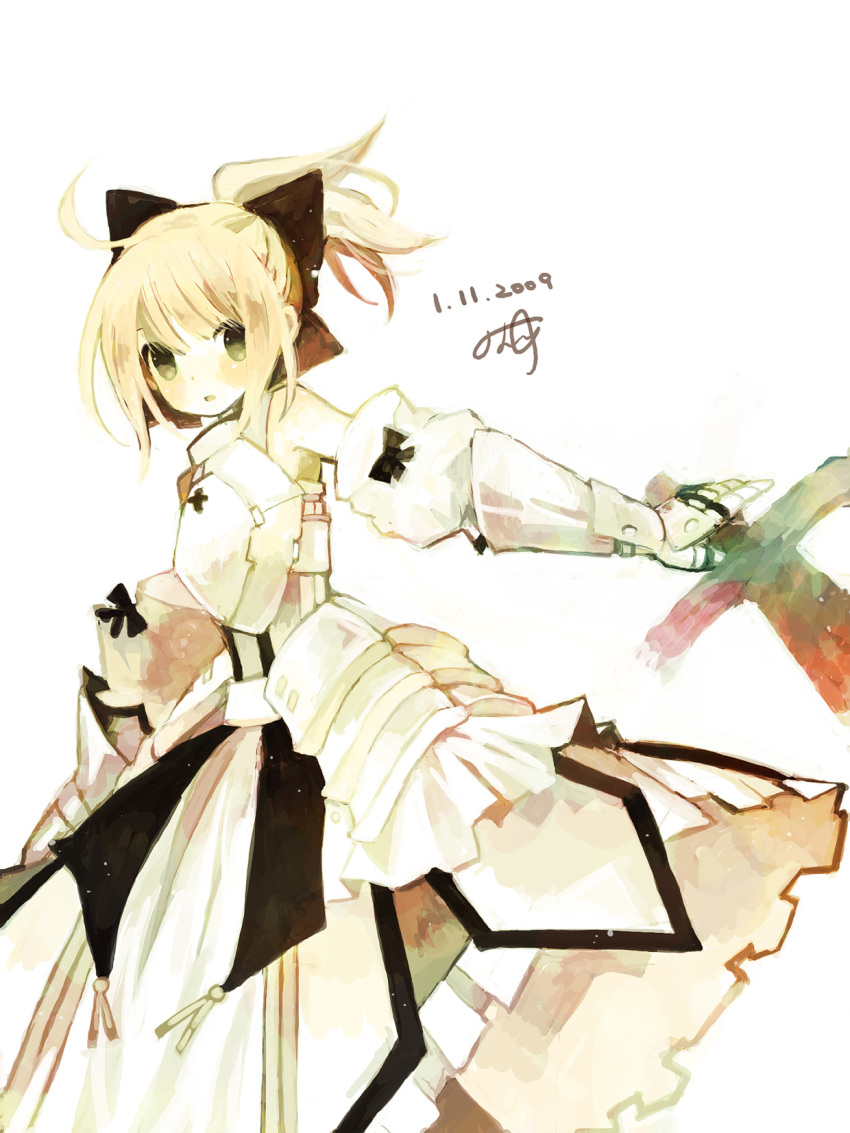 armor armored_dress blonde_hair bow dress fate/stay_night fate/unlimited_codes fate_(series) green_eyes highres kashiwaba_hisano ponytail saber saber_lily signature solo sword weapon