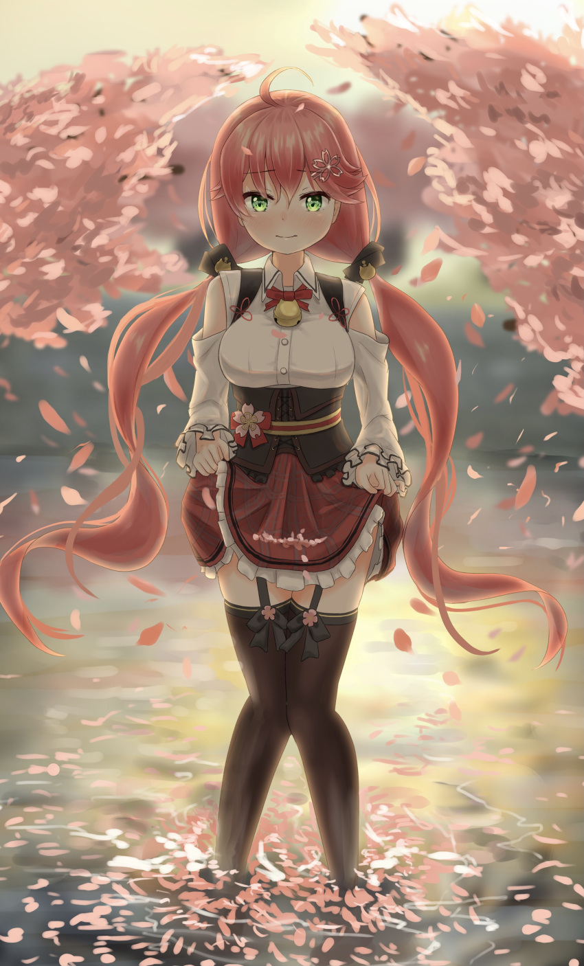 1girl absurdres ahoge asakura_(asa_t77) bell black_legwear blurry blurry_background blush breasts cherry_blossoms commentary_request detached_sleeves eyebrows_visible_through_hair garter_straps green_eyes grimace hair_between_eyes hair_ornament hairclip highres hololive knees_together_feet_apart large_breasts lifted_by_self long_hair looking_at_viewer low_twintails neck_bell neck_ribbon petals petals_on_liquid pink_hair plaid plaid_skirt red_neckwear ribbon sakura_miko skirt skirt_basket skirt_lift solo thigh-highs twintails underbust very_long_hair virtual_youtuber wading