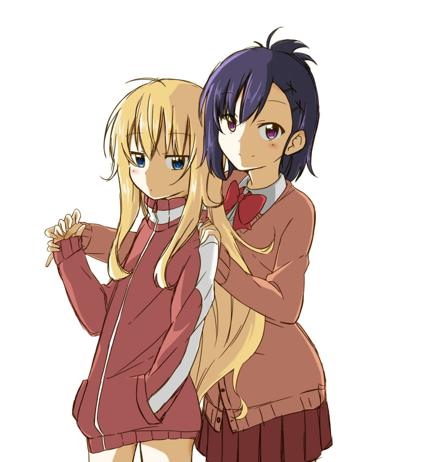 2girls :/ black_hair blonde_hair blue_eyes blush cardigan closed_mouth collared_shirt eyebrows_visible_through_hair gabriel_dropout hair_ornament hairclip hand_holding hand_in_pocket hand_on_another's_shoulder highres jacket kuro_neko_(artist) long_hair looking_at_viewer multiple_girls pleated_skirt red_jacket red_skirt school_uniform shirt simple_background sketch skirt sleeves_past_wrists striped_jacket tenma_gabriel_white track_jacket tsukinose_vignette_april very_long_hair violet_eyes white_background white_shirt wing_collar x_hair_ornament