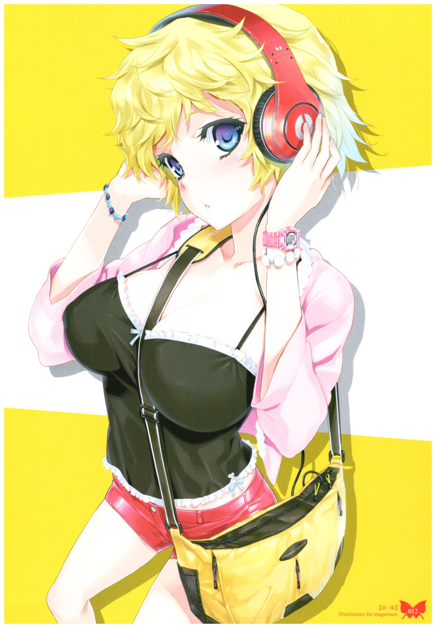 1girl :o absurdres bag beads beats_by_dr._dre between_breasts blonde_hair blue_eyes blush breasts cable collarbone cowboy_shot halterneck handbag hands_on_headphones happoubi_jin headphones highres highresoriginal jacket jewelry large_breasts navel necklace over_shoulder parted_lips pearl_necklace scan short_hair short_shorts shorts shoulder_bag solo spaghetti_strap standing strap_cleavage watch watch zipper