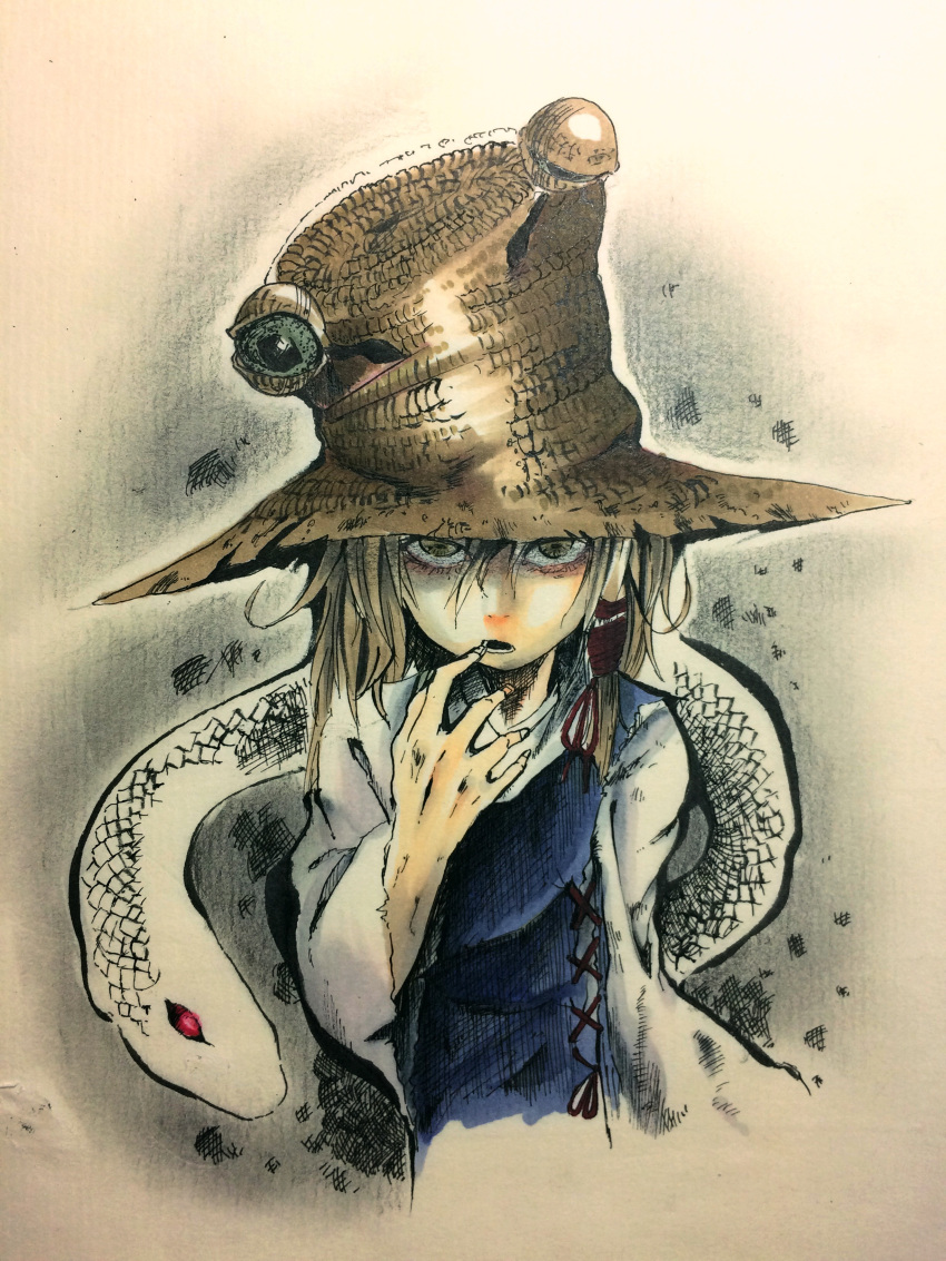 1girl absurdres blonde_hair frog_eyes hat highres looking_at_viewer mishaguji moriya_suwako red_eyes short_hair snake solo touhou traditional_media white_snake yellow_eyes yuu_yuu910