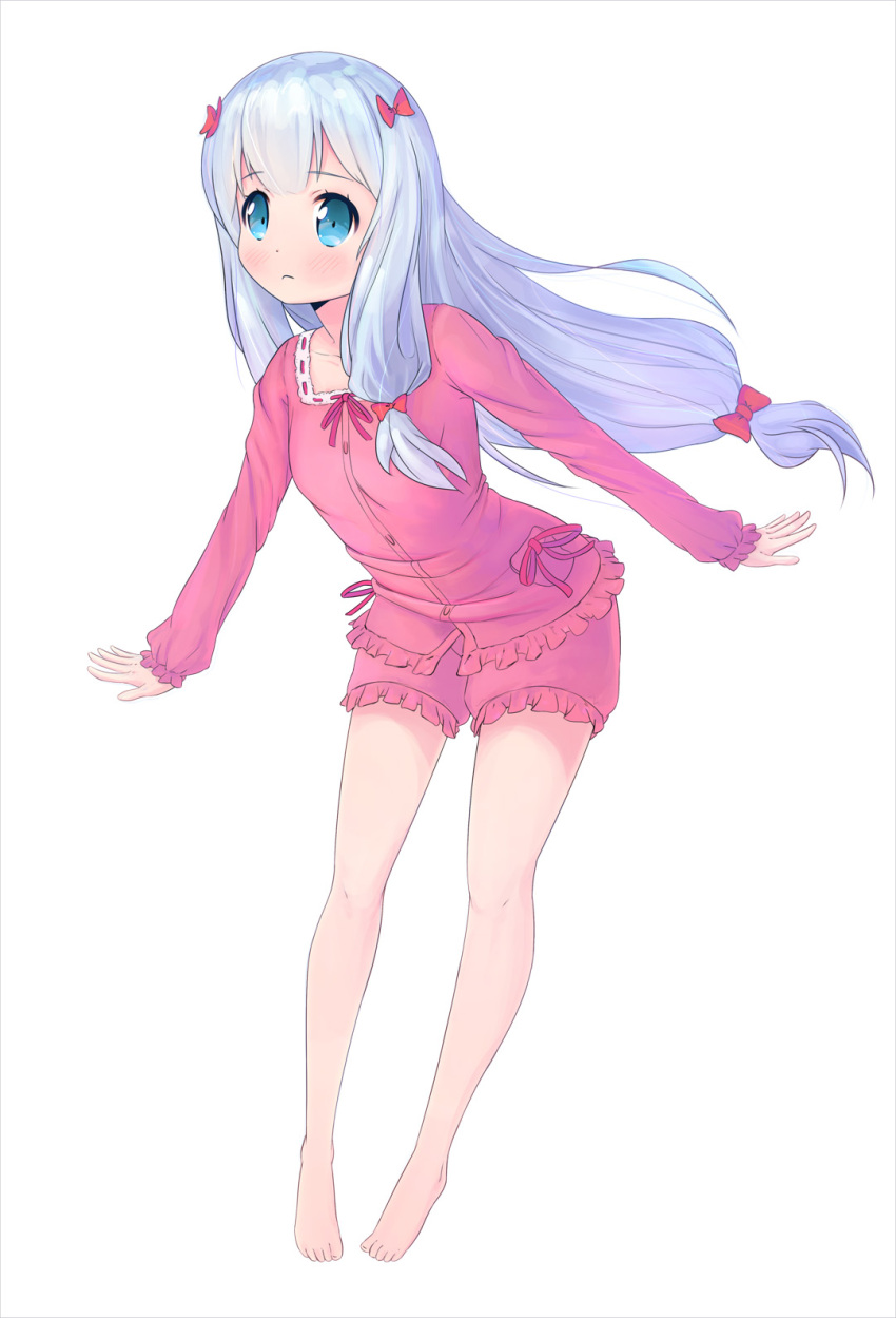 1girl barefoot blue_eyes blush bow ero_manga_sensei hair_ribbon highres izumi_sagiri long_hair looking_at_viewer pajamas ribbon silver_hair solo white_background