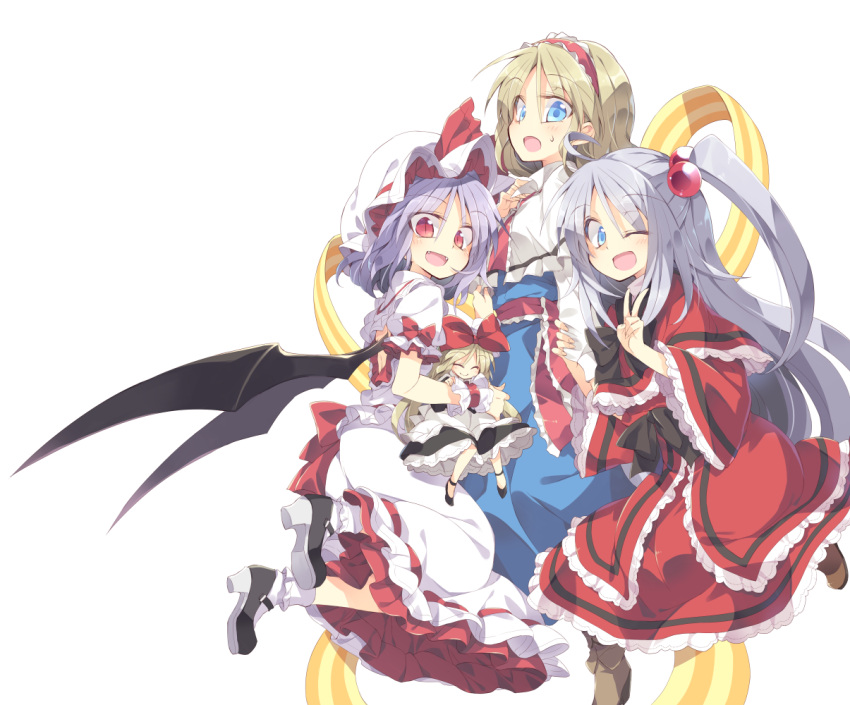 3girls alice_margatroid apron back_cutout bat_wings blonde_hair blue_dress blue_eyes blush capelet doll dress fangs hair_bobbles hair_ornament hair_ribbon hairband hat hat_ribbon lavender_hair long_hair long_sleeves looking_at_viewer mary_janes mob_cap multiple_girls necktie one_eye_closed open_mouth puffy_sleeves red_eyes remilia_scarlet ribbon sash satou_kibi shanghai_doll shinki shirt shoes short_hair short_sleeves side_ponytail silver_hair simple_background skirt skirt_set slit_pupils smile socks striped sweatdrop touhou touhou_(pc-98) v waist_apron white_background white_legwear wide_sleeves wings wrist_cuffs