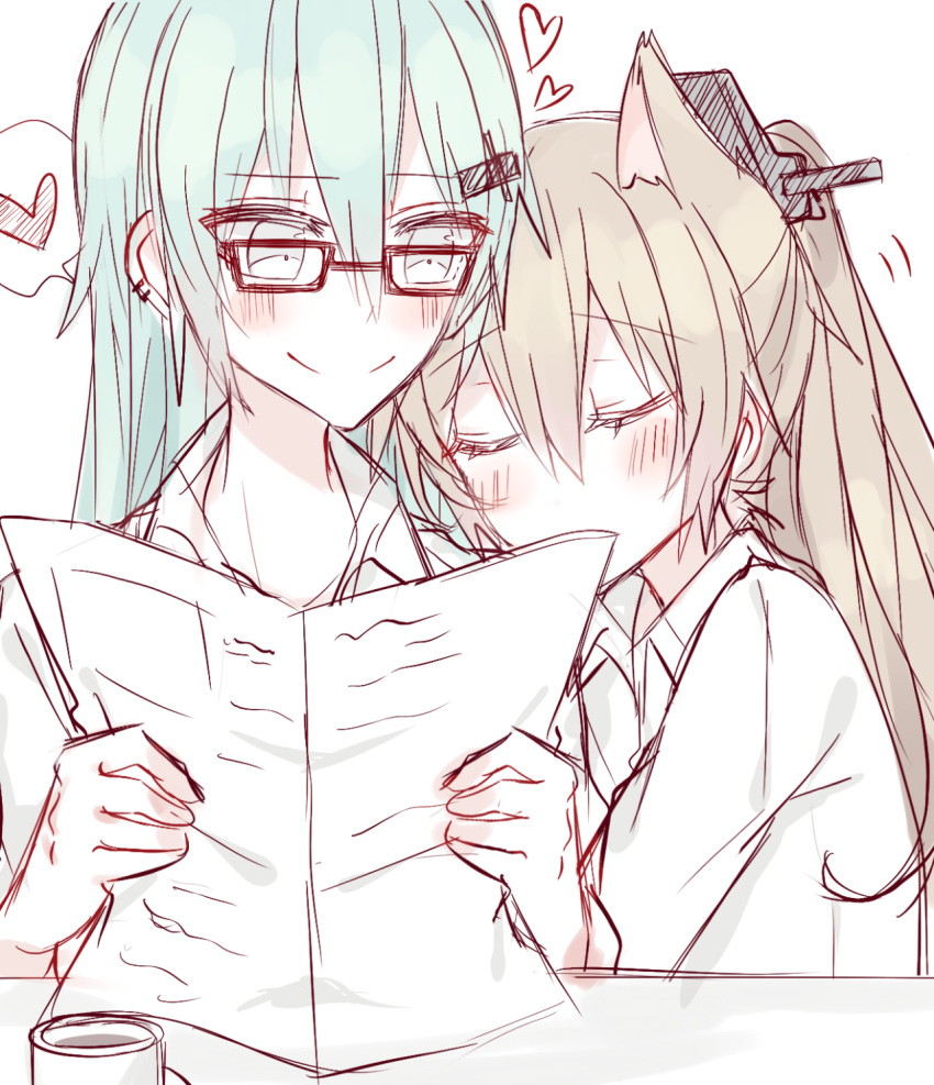 2girls animal_ears aqua_hair bespectacled black-framed_eyewear blush brown_hair cat_ears closed_eyes coffee_mug cup dress_shirt eyebrows_visible_through_hair glasses green_hair heart highres kantai_collection kemonomimi_mode kumano_(kantai_collection) kvlen leaning_on_person long_hair looking_at_another mug multiple_girls newspaper shirt sleeping spoken_heart suzuya_(kantai_collection) thought_bubble upper_body yellow_eyes yuri