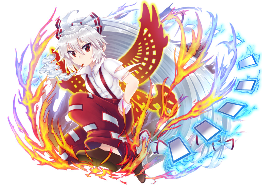 1girl ahoge arkfield bow brown_shoes cigarette collared_shirt fire fujiwara_no_mokou full_body hair_between_eyes hair_bow hand_in_pocket long_hair ofuda ofuda_on_clothes pants parody phoenix_wings ponytail puzzle_&amp;_dragons red_eyes red_pants shirt shoes short_sleeves silver_hair smoking solo suspenders torn_clothes torn_sleeves touhou very_long_hair white_bow white_shirt wrist_cuffs