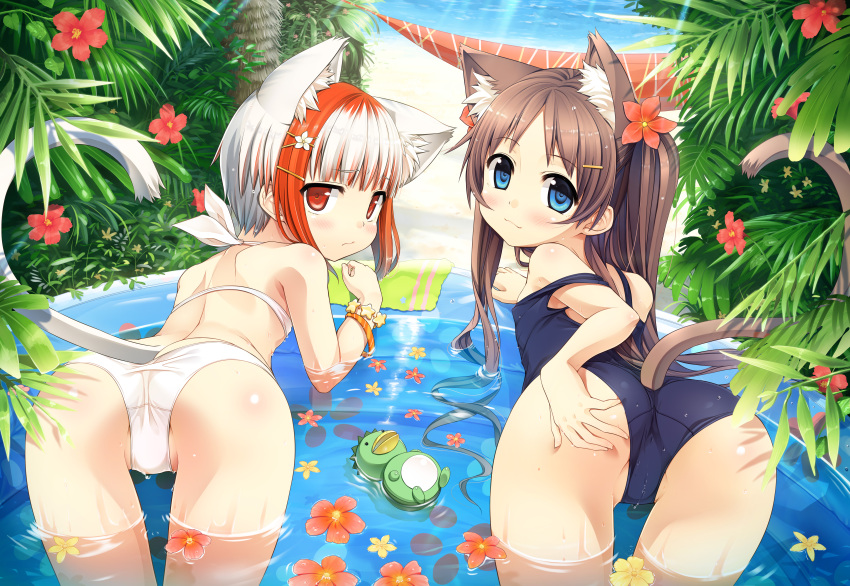 2girls absurdres animal_ears ass bangs bare_shoulders beach bent_over bikini blue_eyes blue_swimsuit blunt_bangs blush bracelet breasts cat_ears cat_girl cat_tail cura day embarrassed eyebrows_visible_through_hair flat_chest flower from_behind hair_flower hair_ornament hairclip hand_on_own_ass highres jewelry kemonomimi_mode leaf leaning_forward long_hair looking_at_viewer monobeno multicolored_hair multiple_girls ocean one-piece_swimsuit outdoors palm_tree partially_submerged plant redhead ripples sawai_natsuha school_swimsuit shoulder_blades smile strap_slip sumi_(monobeno) swimsuit tail towel tree twintails two-tone_hair wading_pool water white_bikini white_hair