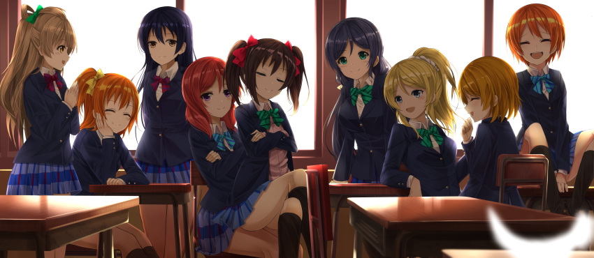 6+girls absurdres ayase_eli black_hair blazer blonde_hair blue_eyes blue_hair blush_stickers brown_hair closed_eyes desk green_eyes hair_ribbon highres hoshizora_rin jacket koizumi_hanayo kousaka_honoka laughing long_hair love_live! love_live!_school_idol_project minami_kotori multiple_girls nishikino_maki orange_hair orein ponytail purple_hair redhead ribbon school_uniform short_hair side_ponytail sitting sitting_on_person skirt smile sonoda_umi toujou_nozomi twintails violet_eyes window yazawa_nico yellow_eyes