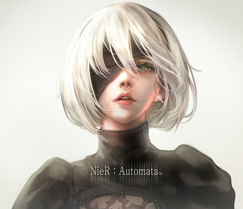 1girl black_dress black_hairband blindfold blindfold_slip blue_eyes cleavage_cutout copyright_name dress eyelashes grey_eyes hair_between_eyes hairband juliet_sleeves lips lipstick long_sleeves looking_at_viewer makeup mole mole_under_mouth nier_(series) nier_automata no_blindfold nose one_eye_covered open_mouth parted_lips pink_lips pink_lipstick puffy_sleeves ribbed_dress ribbon ribbon-trimmed_dress ribbon_trim shale short_hair silver_hair solo teeth turtleneck upper_body white_hair white_ribbon yorha_no._2_type_b