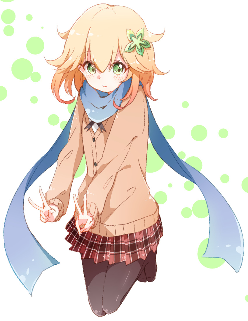 1girl :&gt; abstract_background bafarin black_legwear blonde_hair blue_scarf blush buttons cardigan chisaki_tapris_sugarbell dot_nose double_v eyebrows_visible_through_hair flower full_body gabriel_dropout green_eyes hair_between_eyes hair_flower hair_ornament highres jumping legs_together light_smile long_sleeves looking_at_viewer namori_(style) neck_ribbon pantyhose plaid plaid_skirt pleated_skirt ribbon scarf school_uniform shiny shiny_clothes shiny_hair shiny_skin short_hair simple_background skirt solo tareme v wavy_hair white_background