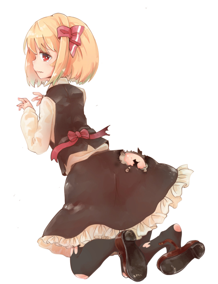 1girl black_legwear blonde_hair burnt_clothes from_behind full_body hair_ribbon highres kneeling long_sleeves looking_back mary_janes murani pantyhose profile red_eyes ribbon rumia shirt shoe_dangle shoes short_hair simple_background skirt skirt_set solo tears torn_clothes torn_pantyhose torn_skirt touhou vest white_background