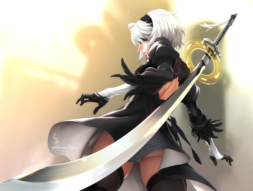 1girl black_dress blindfold boots dress feather-trimmed_sleeves feguimel magic_circle nier_(series) nier_automata panties pantyshot pantyshot_(standing) short_hair silver_hair solo standing sword thigh-highs underwear upskirt weapon weapon_on_back yorha_no._2_type_b