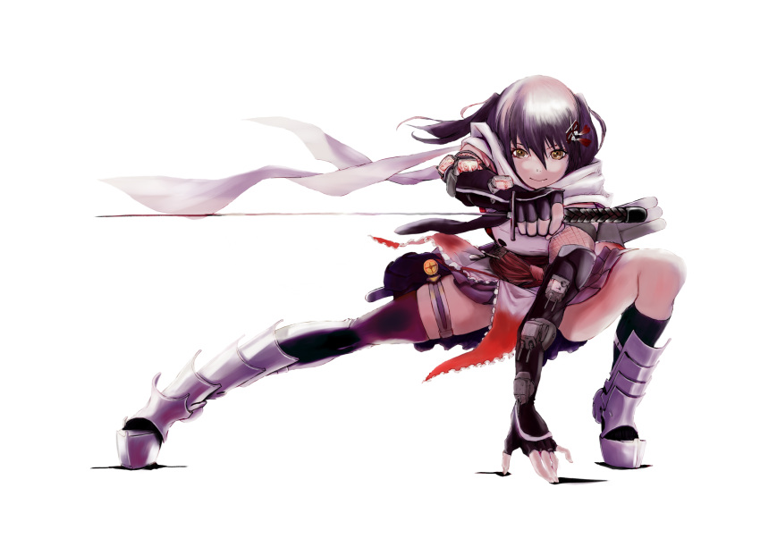 brown_eyes brown_hair elbow_gloves fingerless_gloves gloves hair_ornament highres holding holding_sword holding_weapon kana_hebi7 kantai_collection katana metal_gear_(series) metal_gear_solid necktie obi parody sash scarf school_uniform searchlight sendai_(kantai_collection) serafuku shoes simple_background single_thighhigh sword thigh-highs thigh_strap turret two_side_up weapon white_background white_scarf