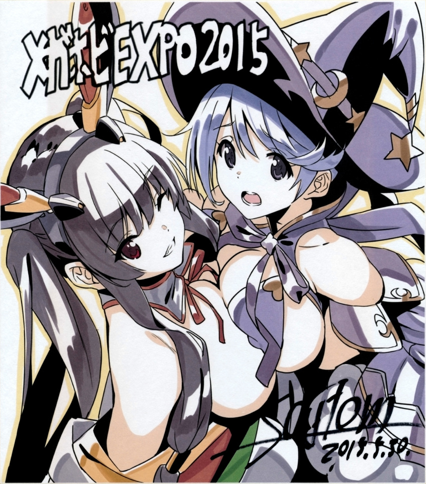 2015 2girls ;) bangs bare_shoulders bikini_warriors black_eyes black_hair blue_hair breast_press breasts cleavage creator_connection crescent crossover dated detached_collar detached_sleeves grin hair_tubes hat headgear highres japanese_clothes kaguya_(queen's_blade) kimono large_breasts long_hair long_sleeves looking_at_viewer mage_(bikini_warriors) multiple_girls neck_ribbon off_shoulder one_eye_closed open_mouth queen's_blade queen's_blade_grimoire red_eyes red_ribbon revealing_clothes ribbon saitou_masatsugu short_hair sidelocks signature smile star symmetrical_docking twintails upper_body wide_sleeves witch_hat