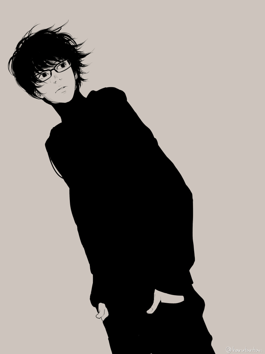 1boy absurdres glasses hands_in_pockets harutan044 highres monochrome original simple_background turtleneck