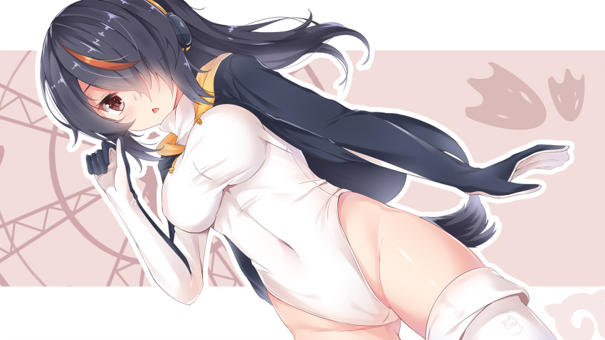 1girl black_hair blush brown_eyes brown_hair covered_navel emperor_penguin_(kemono_friends) eyebrows_visible_through_hair groin hair_over_one_eye headphones highleg highleg_leotard highres hood kemono_friends leotard long_hair looking_at_viewer multicolored_hair sin-poi solo streaked_hair triangle_mouth white_legwear white_leotard