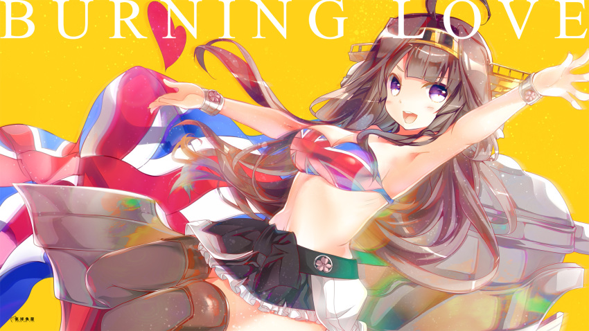1girl ahoge bikini bikini_top black_legwear black_skirt blush breasts brown_hair cleavage commentary english eyebrows_visible_through_hair headband heart heco_(mama) highres kantai_collection kongou_(kantai_collection) large_breasts long_hair looking_at_viewer open_mouth pantyhose skirt smile solo swimsuit thigh-highs union_jack union_jack_bikini violet_eyes wallpaper wristband yellow_background