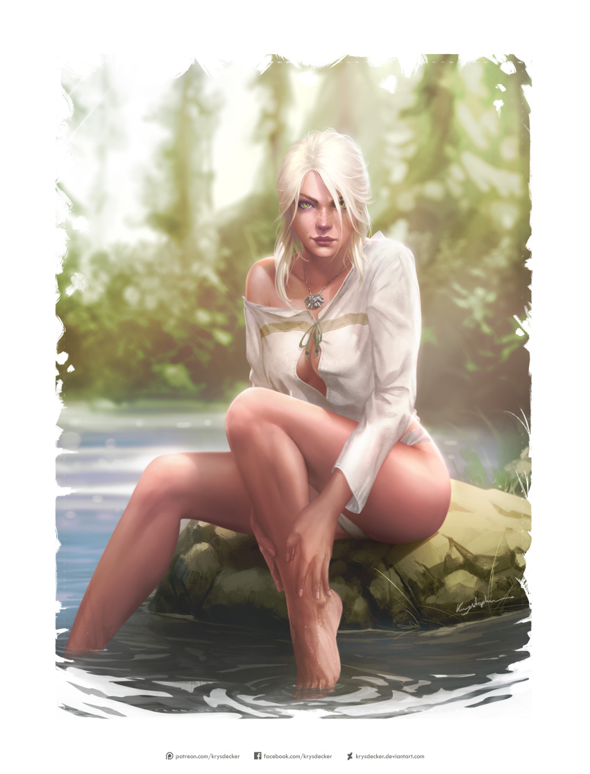 absurdres barefoot breasts ciri freckles green_eyes highres jewelry krystopher_decker legs lips necklace panties river shirt the_witcher_3 underwear white_hair white_panties white_shirt