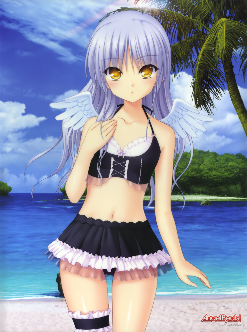 1girl :o absurdres alternate_costume angel_beats! angel_wings arm_at_side bangs bare_arms bare_shoulders beach bikini black_bikini blue_sky bow bow_bikini clouds cloudy_sky collarbone cowboy_shot day eyebrows_visible_through_hair flat_chest forest frilled_bikini frills hand_on_own_chest hand_up highres huge_filesize island lavender_bow lavender_hair legs_apart lens_flare long_hair midriff na-ga nature navel ocean open_mouth outdoors palm_tree short_wings silver_hair sky solo standing swimsuit tachibana_kanade tree water white_wings wings yellow_eyes