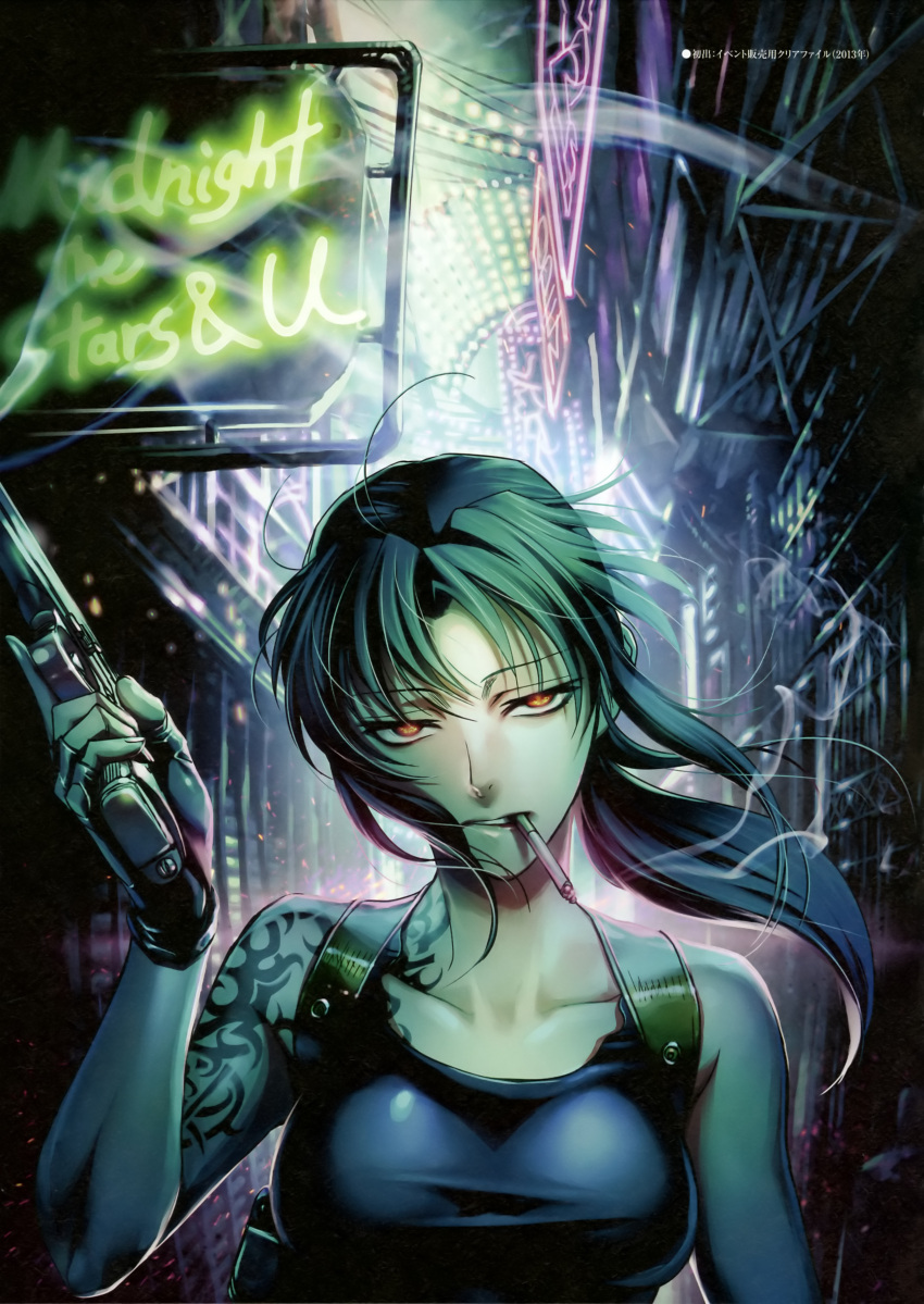 1girl absurdres bare_shoulders black_gloves black_lagoon cigarette collarbone fingerless_gloves gloves glowing glowing_eyes gun highres hiroe_rei holding holding_weapon long_hair looking_at_viewer neon_lights official_art revy_(black_lagoon) scan sleeveless smoking solo tattoo weapon wind yellow_eyes