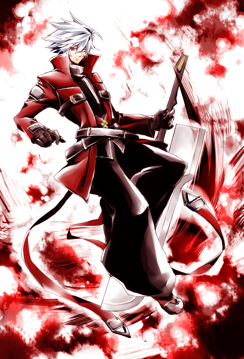 1boy ahoge bangs beltskirt black_pants blazblue brown_gloves closed_mouth commentary_request eyebrows_visible_through_hair frown full_body gloves hair_between_eyes hakama highres holding holding_sword holding_weapon jacket japanese_clothes long_sleeves looking_at_viewer male_focus open_clothes open_jacket pants ragna_the_bloodedge red_eyes red_jacket solo spiky_hair sword weapon white_hair