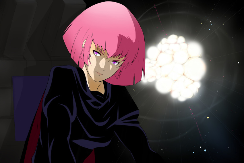 1girl breasts cape dedenden dress gundam haman_karn highres medium_breasts pink_hair short_hair solo violet_eyes zeta_gundam