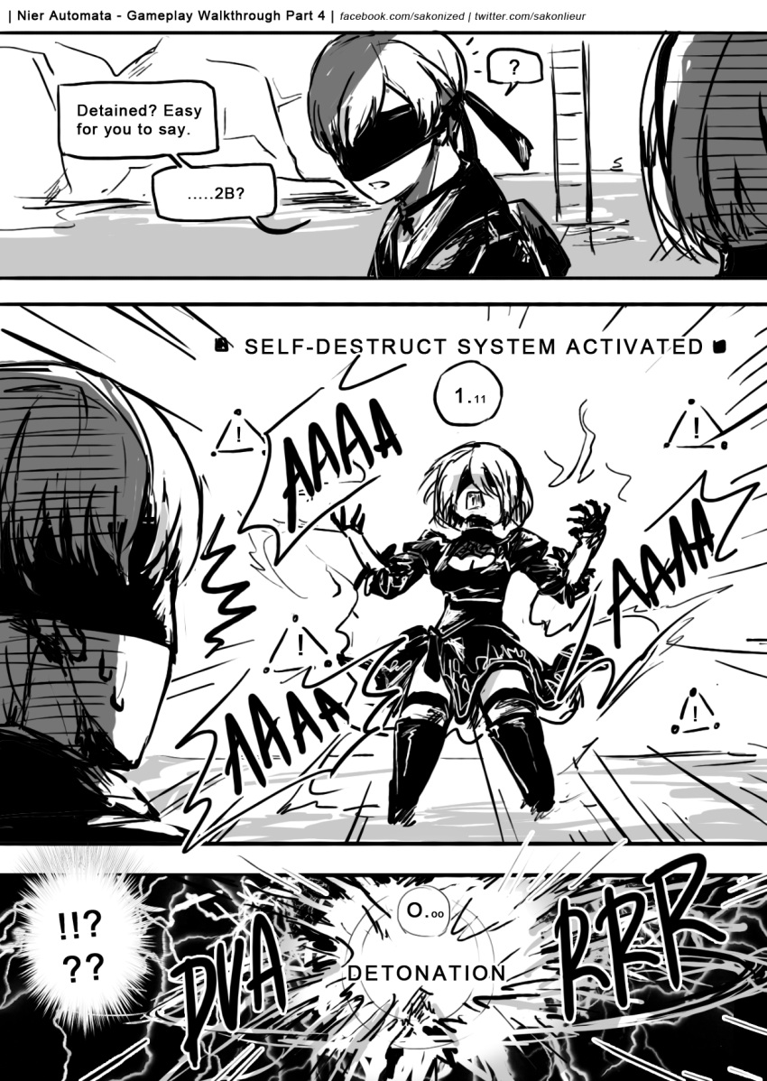 !? 1boy 1girl android blindfold breasts cleavage cleavage_cutout comic dress english exploding explosion gloves highres juliet_sleeves long_sleeves nier_(series) nier_automata open_mouth puffy_sleeves sakon04 short_hair speech_bubble talking text yorha_no._2_type_b yorha_no._9_type_s