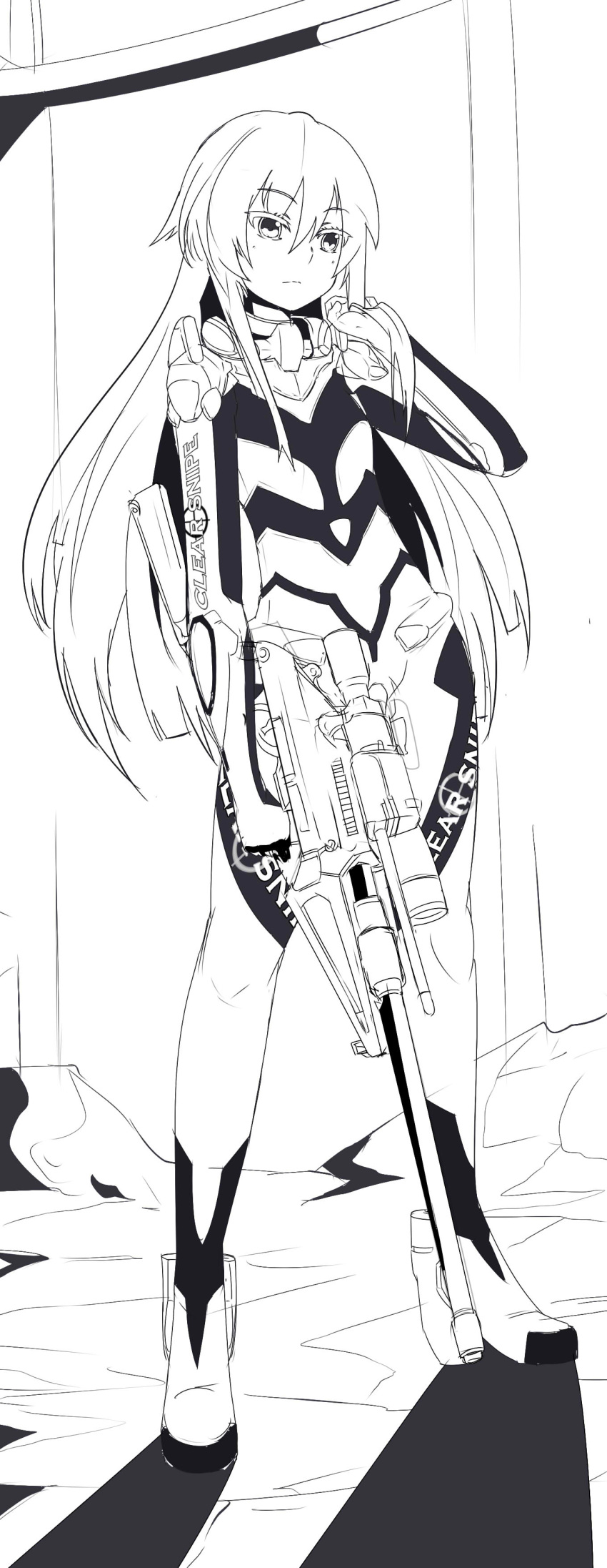 1girl absurdres bodysuit breasts eyebrows_visible_through_hair greyscale gun heavy_object highres holding holding_gun holding_weapon julioalqae mariydi_whitewitch monochrome rifle sketch small_breasts solo weapon