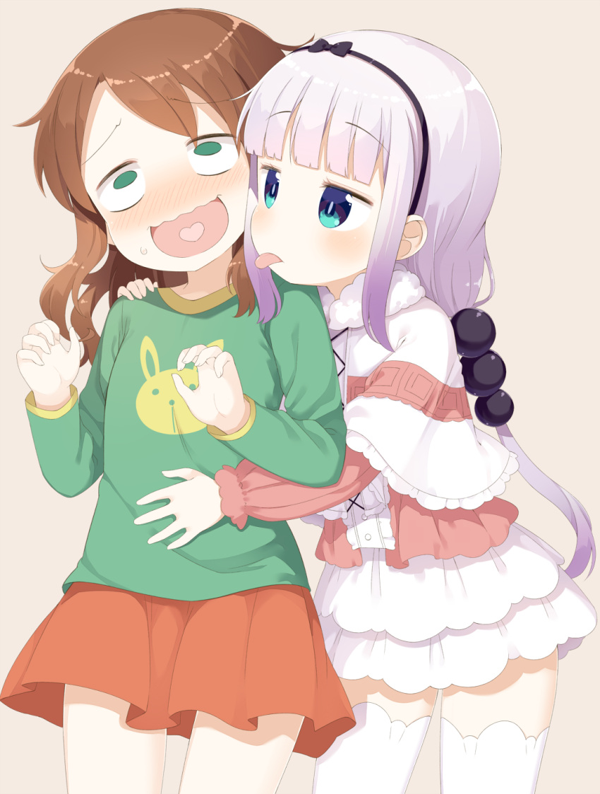 2girls beads blue_eyes blush bohegao brown_hair dress green_eyes hair_beads hair_ornament hairband hand_on_another's_shoulder heart highres hug kanna_kamui kobayashi-san_chi_no_maidragon licking long_hair muku_(muku-coffee) multiple_girls open_mouth pink_hair ribbon saikawa_riko shirt skirt smile thigh-highs tongue tongue_out twintails white_legwear yuri